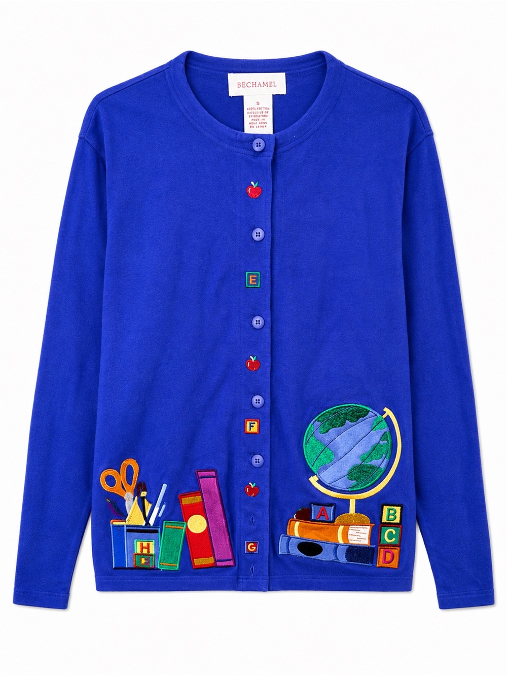 VTG Bechamel Teacher Core School Novelty Embroidered Cardigan S Royal Blue Apple